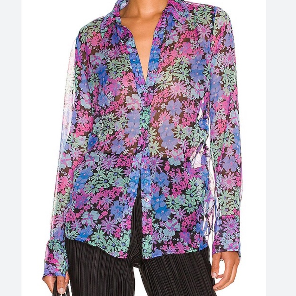 Free People‎ Mathilda slim black sheer Floral Button Down Size small NWT